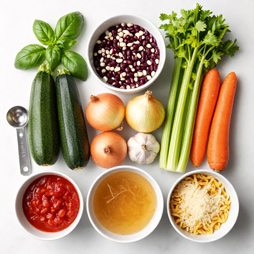 Ingredients for Easy Summer Minestrone Soup with Fresh Basil and Beans