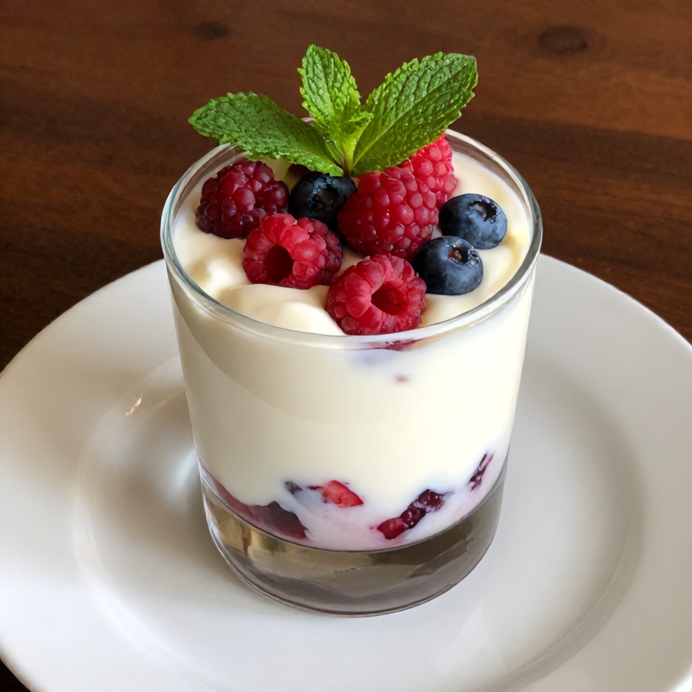 Finished summer yogurt parfait with fresh berries and honey