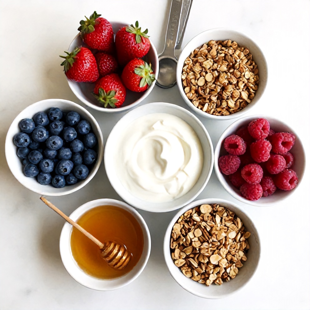 Raw ingredients for easy summer yogurt parfait