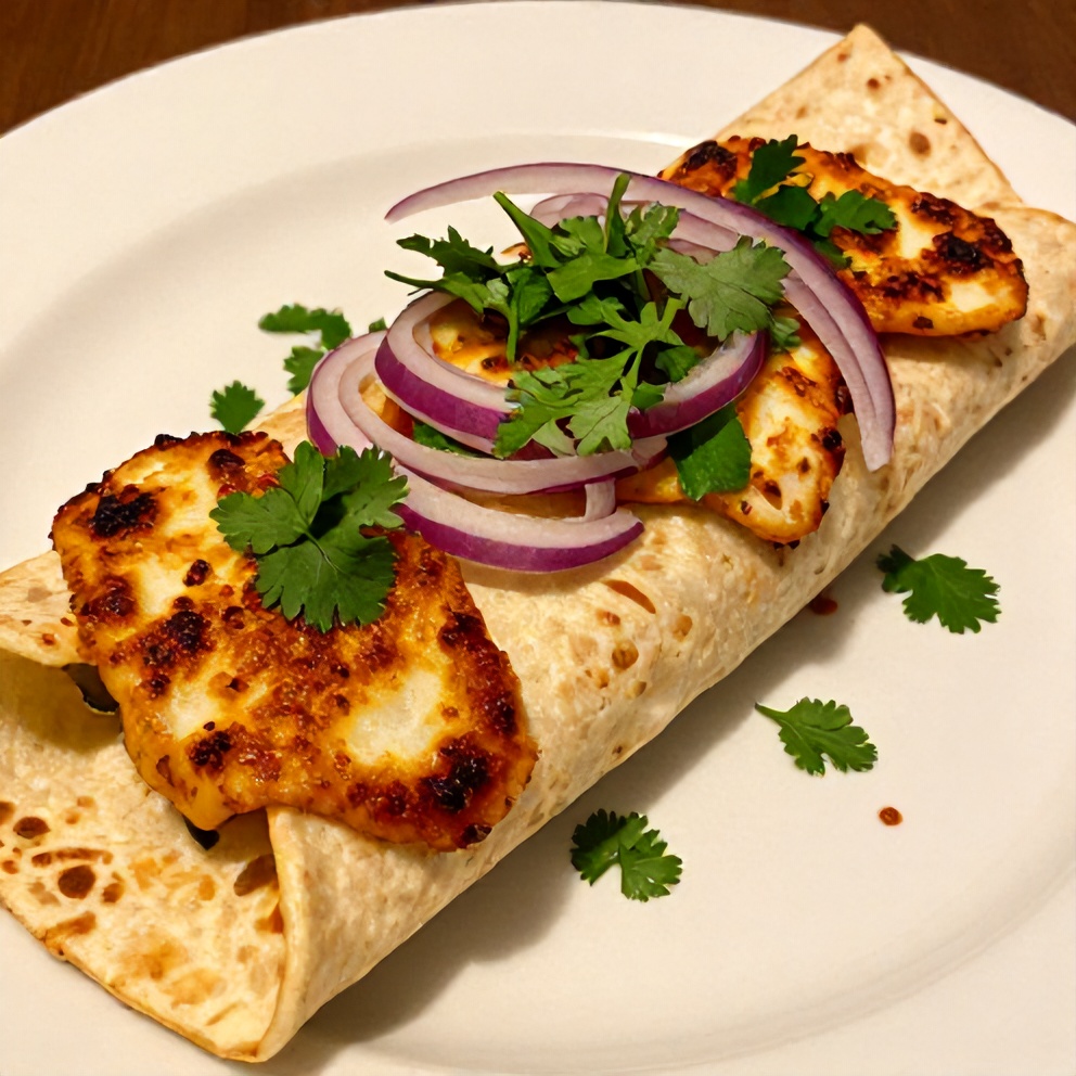 Plated Sweet Chili Halloumi Wrap with fresh cilantro
