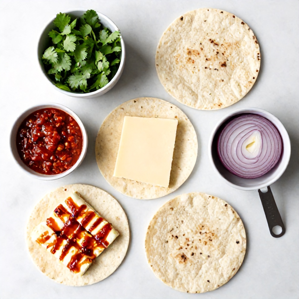 Raw ingredients for Sweet Chili Halloumi Wraps on a white marble surface