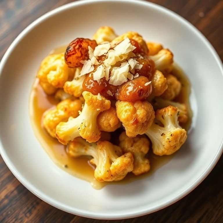 Finished cauliflower on white bowl with parmesan