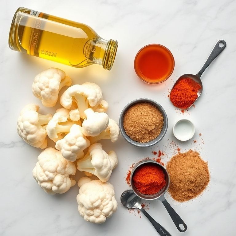 Raw cauliflower, olive oil, honey, brown sugar, smoked paprika flat lay