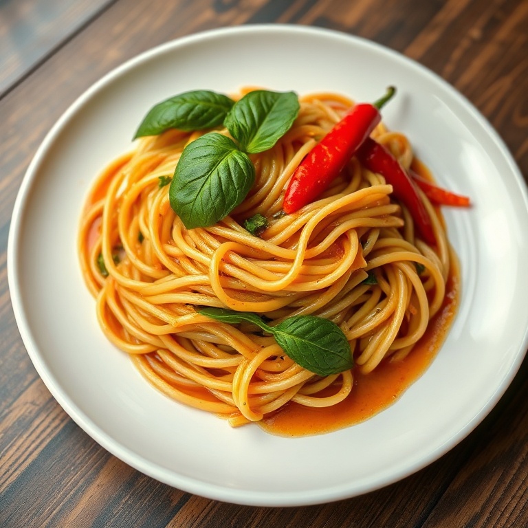 Plated Thai Drunken Noodles with fresh basil and chili. Served on a white ceramic plate with a drizzle of sauce.