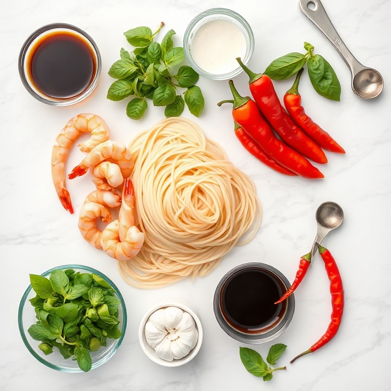 Fresh shrimp, noodles, bell peppers, basil, chili, garlic, and soy sauce arranged in a flat lay.
