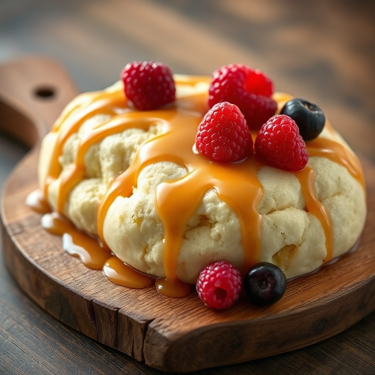 Cloud bread served on a wooden board with a drizzle of glaze and fresh berries.