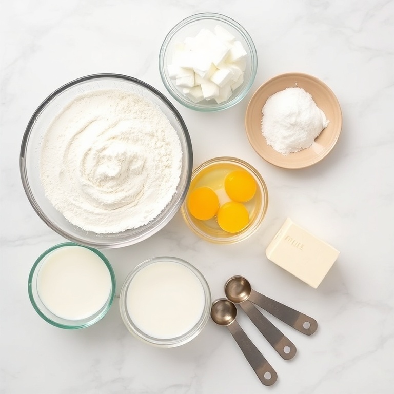 Raw ingredients for cloud bread including flour, sugar, and egg whites arranged in a flat lay.