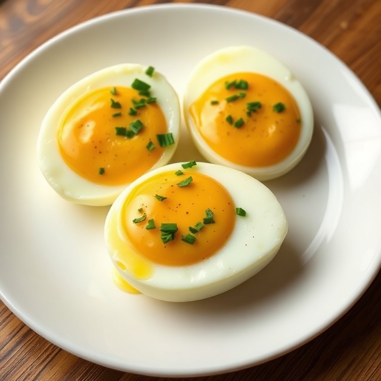 Plated eggs with garlic butter and Old Bay sauce. Garnished with parsley. White plate, warm lighting, glossy sauce.