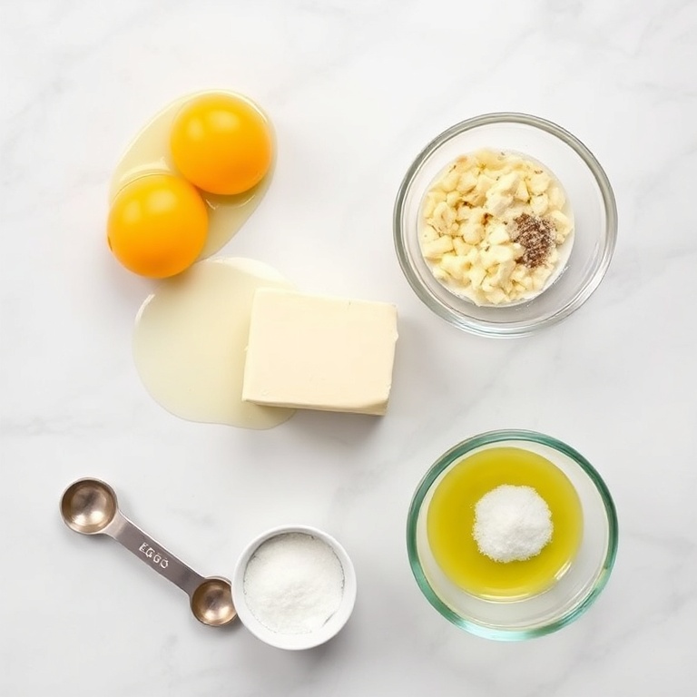 Fresh eggs, butter, garlic, Old Bay seasoning, salt, pepper, and parsley. Measuring spoons, bowls, and a mixing spoon. White marble surface.