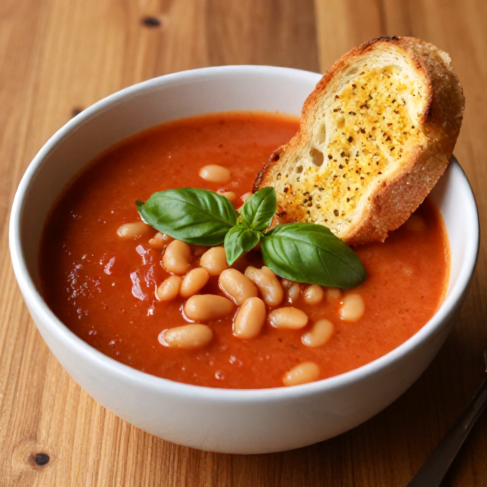 Bowl of creamy Tomato and White Bean Soup with Garlic Toast