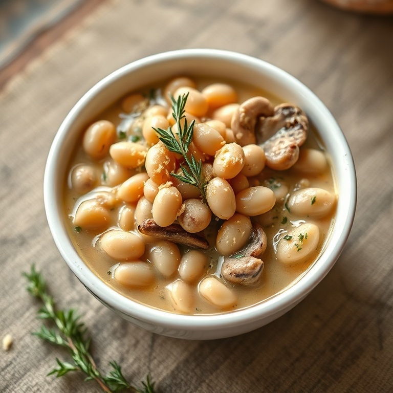 A single serving of creamy vegan white bean mushroom stew. Topped with fresh thyme and a sprinkle of nutritional yeast on a white ceramic bowl.