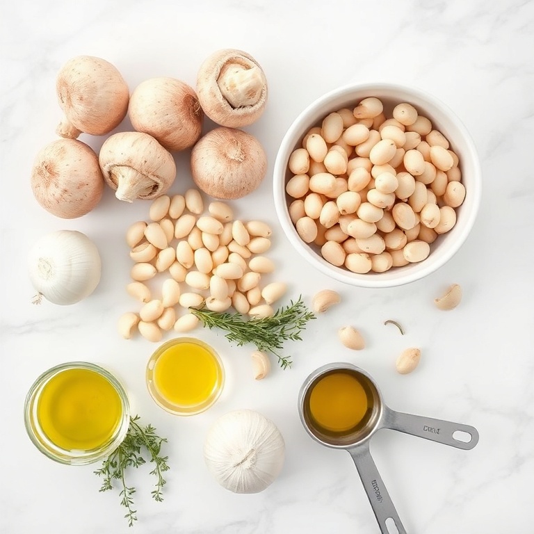 Fresh mushrooms, white beans, garlic, onion, thyme, and olive oil arranged in a flat lay. Measuring spoons and bowls nearby.