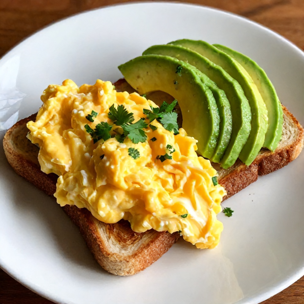 Veggie Scrambled Eggs on Toast with Avocado