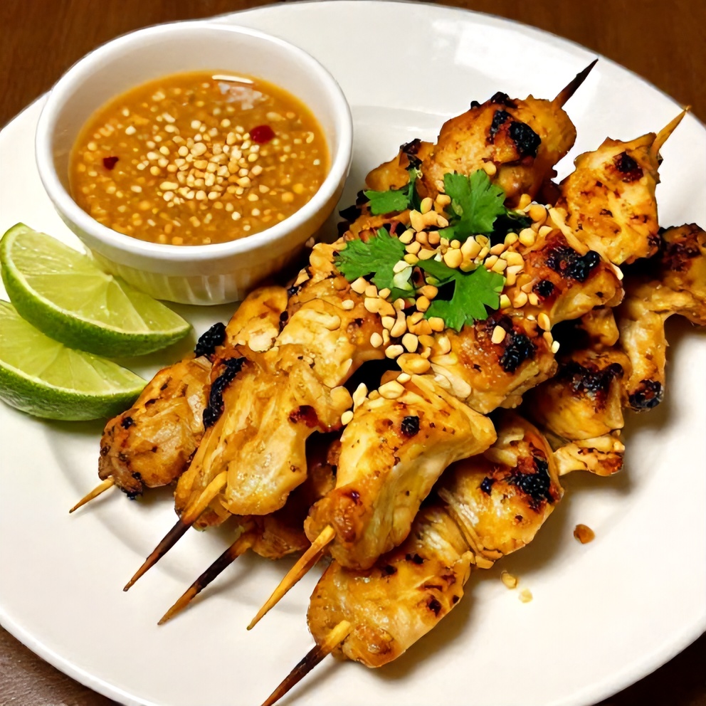Vietnamese Lemongrass Chicken Skewers with peanut sauce on a white plate