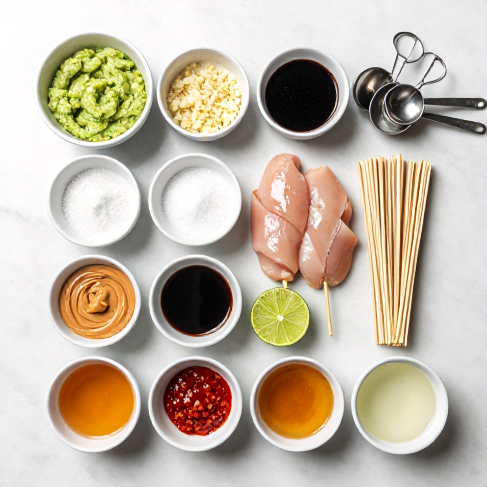 Raw ingredients for Vietnamese Lemongrass Chicken Skewers on a marble surface