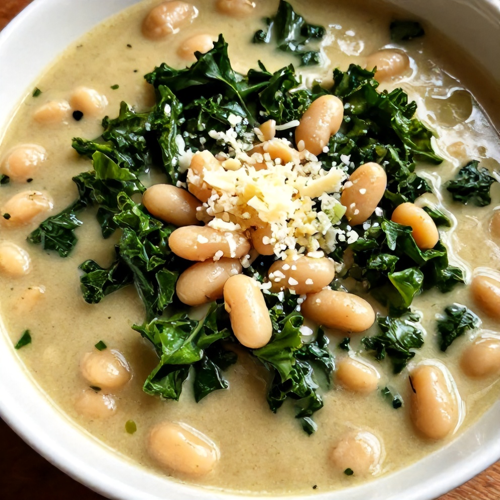 Bowl of creamy white bean and kale soup with a sprinkle of parmesan