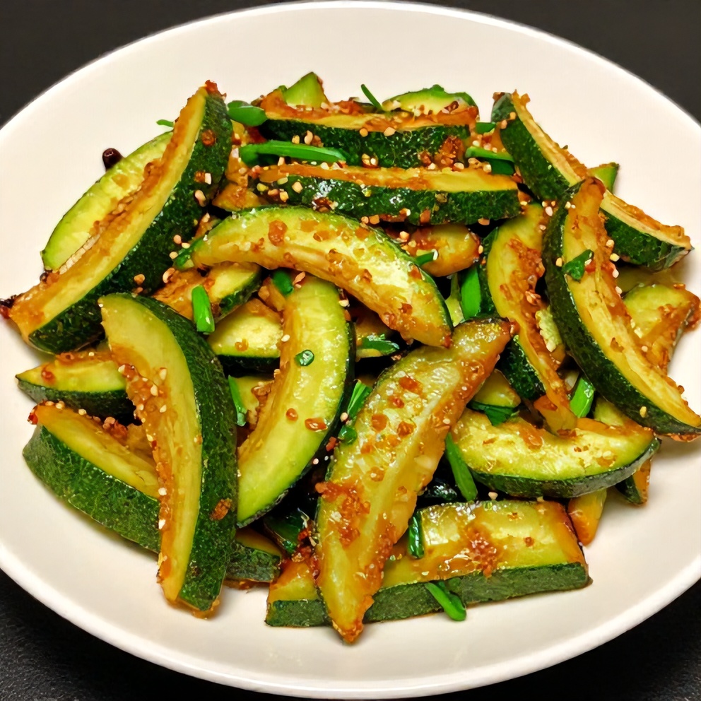 Plated zucchini stir fry with green onions and sesame seeds
