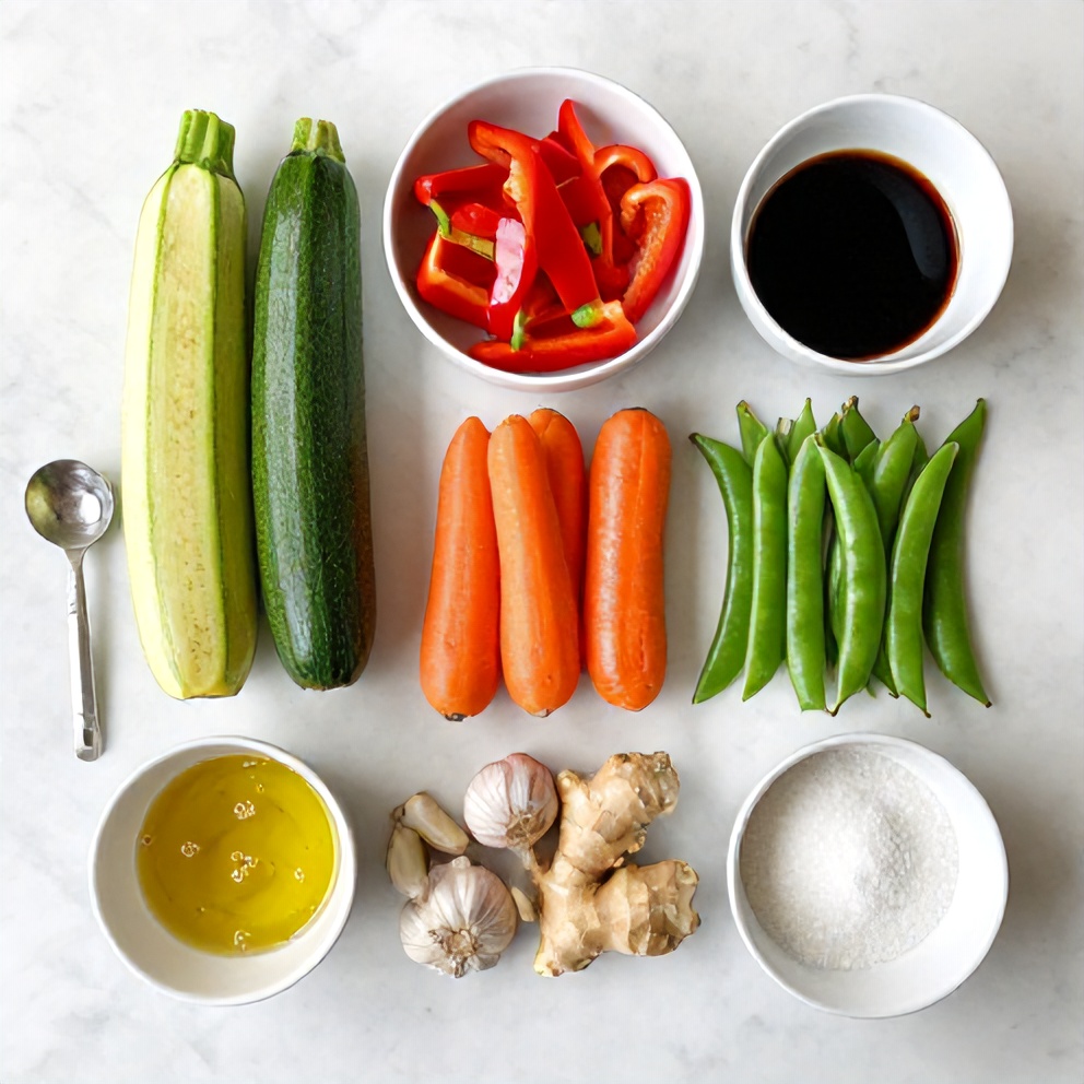 Raw ingredients for zucchini stir fry on marble counter