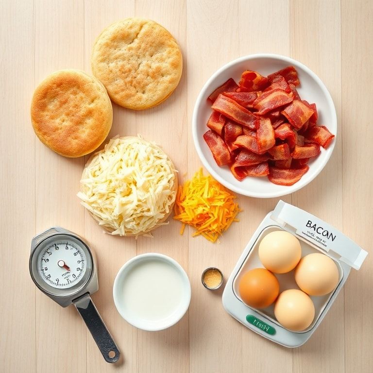 Raw ingredients for English muffin breakfast pizza