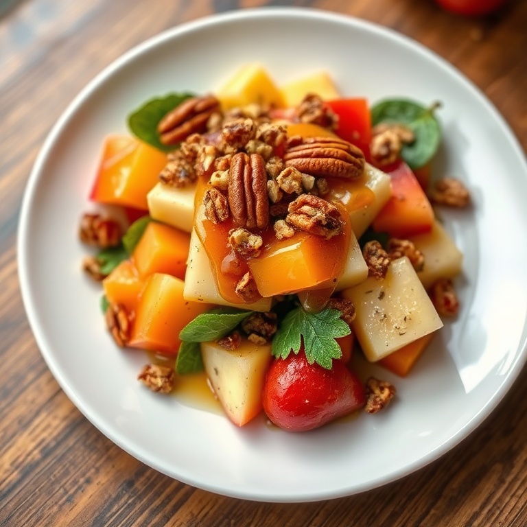 A serving of fall fruit salad topped with a sprinkle of pecans and a drizzle of honey on a white plate