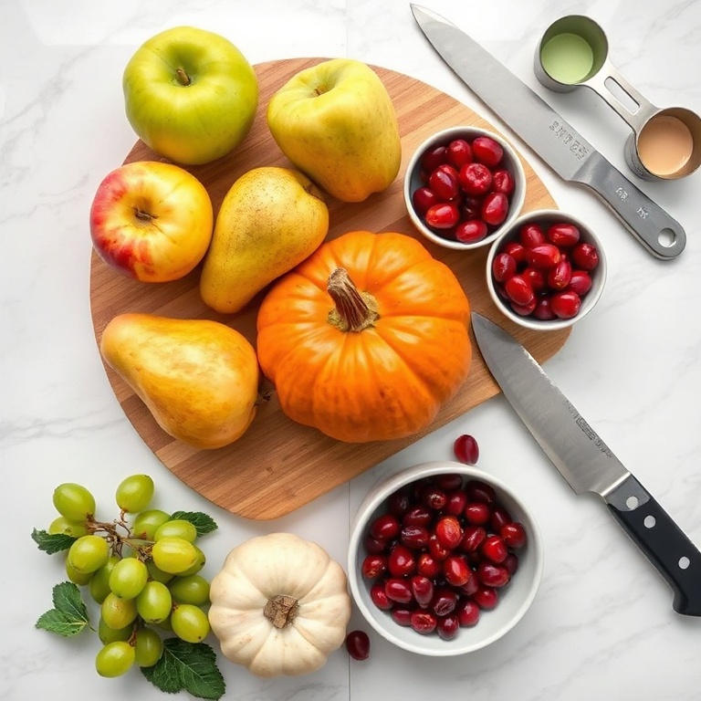 Fresh apples, pears, grapes, pumpkin, and cranberries laid out on a wooden board with measuring cups and a knife nearby