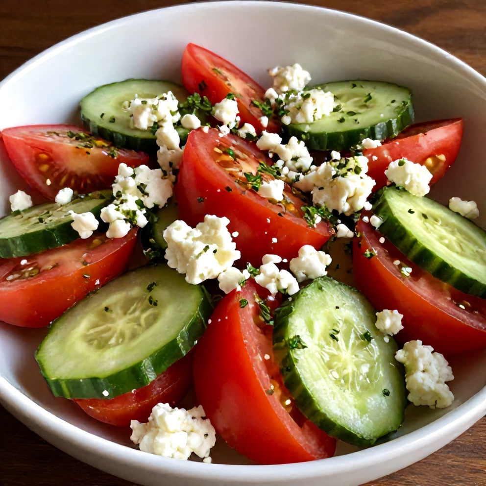 Cucumber Tomato Feta Salad with fresh herbs and lemon dressing