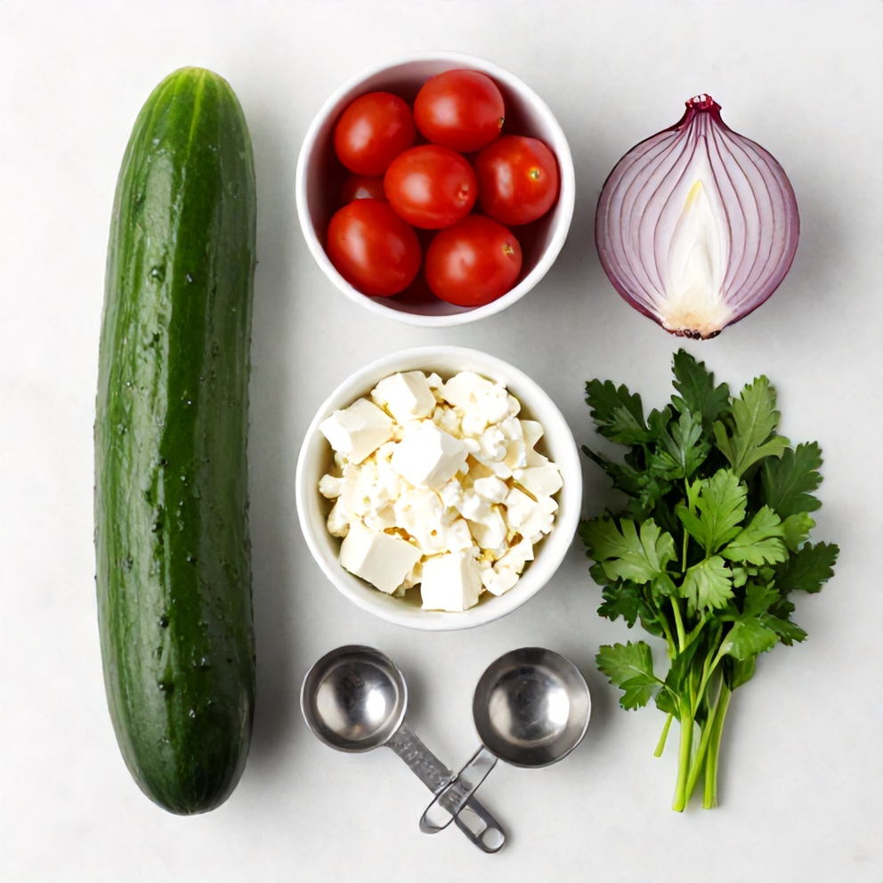 Cucumber, tomatoes, red onion, feta, fresh herbs on a marble surface