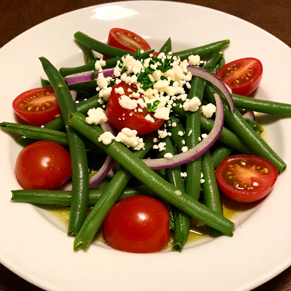 Plated serving of fresh green bean and tomato salad
