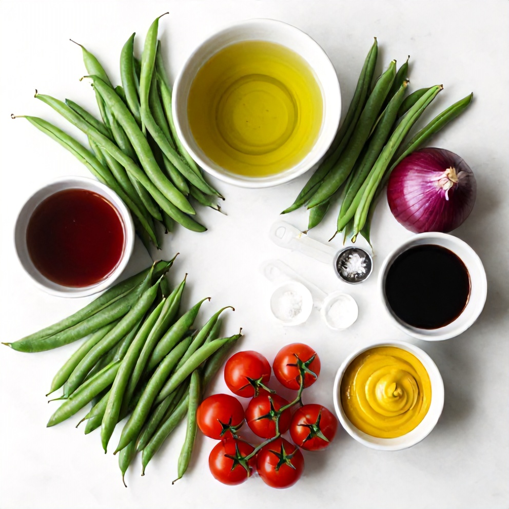 Raw ingredients for fresh green bean and tomato salad
