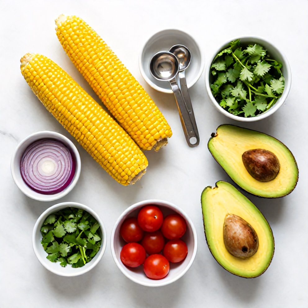 Raw ingredients for fresh grilled corn avocado salad