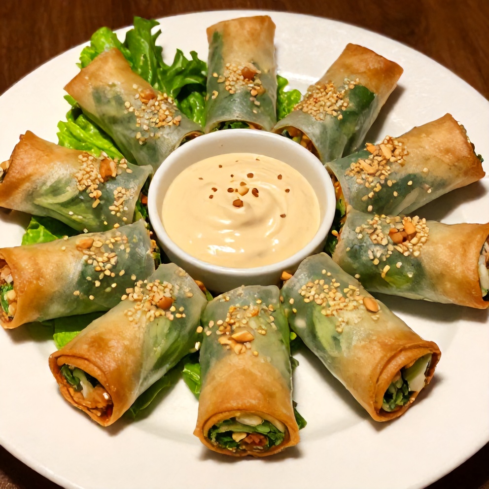 Plated serving of fresh lettuce wrapped veggie spring rolls with almond dip