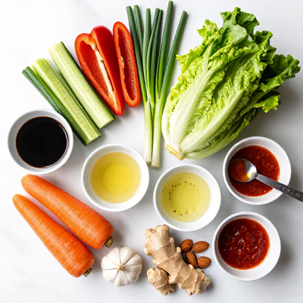Raw ingredients for fresh lettuce wrapped veggie spring rolls on a white marble surface