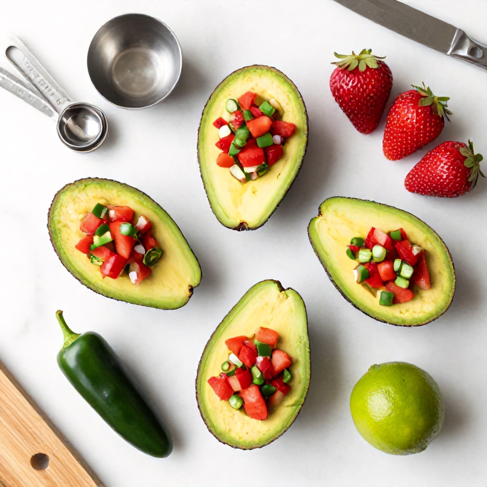 Raw ingredients for Fresh Strawberry Salsa Stuffed Avocados on a marble surface