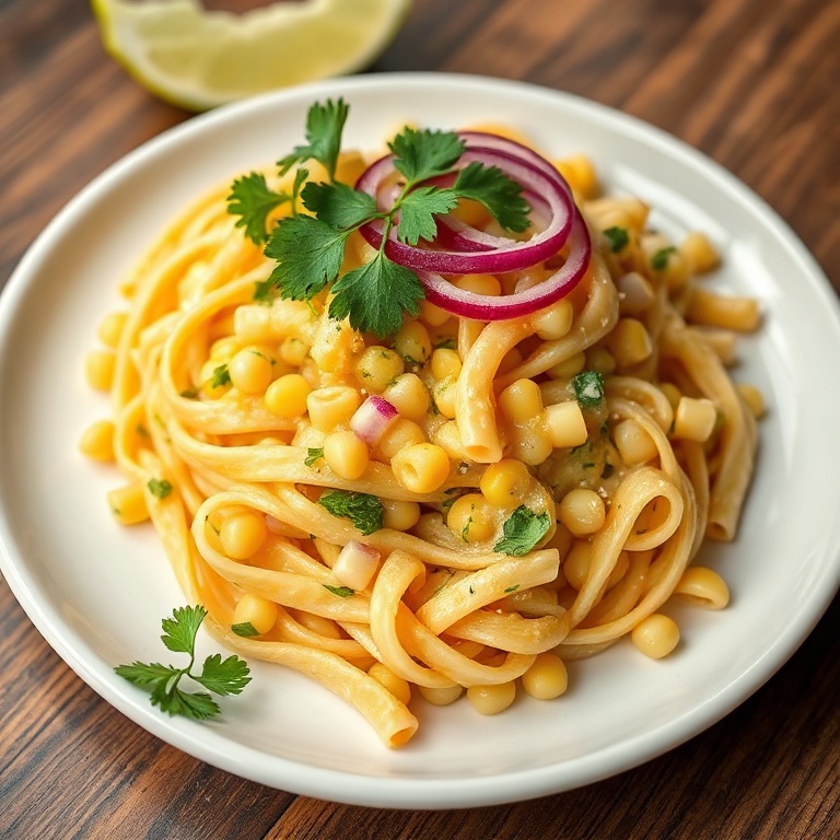 Plated fresh corn pasta salad with lime dressing. Topped with cilantro and red onion. White ceramic plate under warm light.