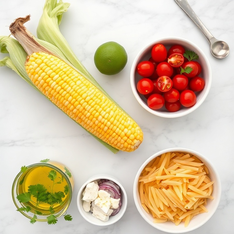 Fresh corn on the cob, olive oil, lime, pasta, cherry tomatoes, cilantro, red onion, and feta cheese arranged in an overhead flat lay.