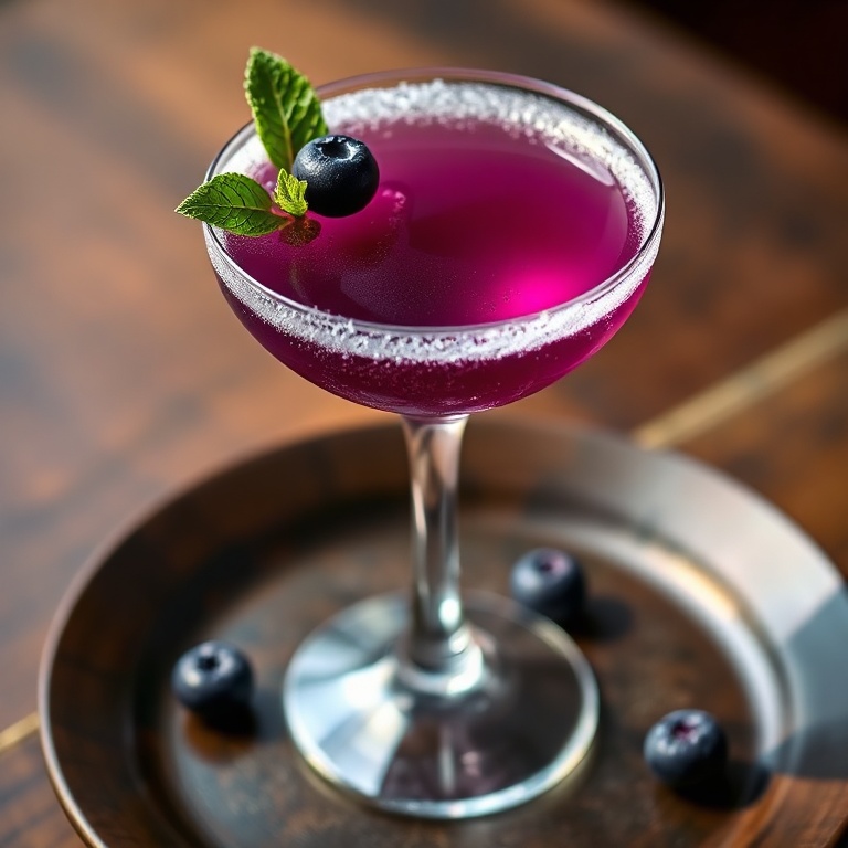 A frostbite blueberry martini in a coupe glass with a fresh blueberry on the rim and a mint leaf. The glass is frosted, and the drink has a deep purple color. The plate is dark wood with warm side lighting highlighting the texture of the drink.