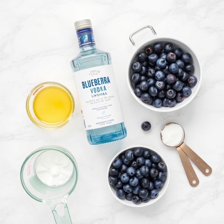A flat lay of raw ingredients for a frostbite blueberry martini. The main ingredients are fresh blueberries, vodka, lemon juice, and simple syrup. Measuring cups and spoons are visible. The background is white marble with bright even light.
