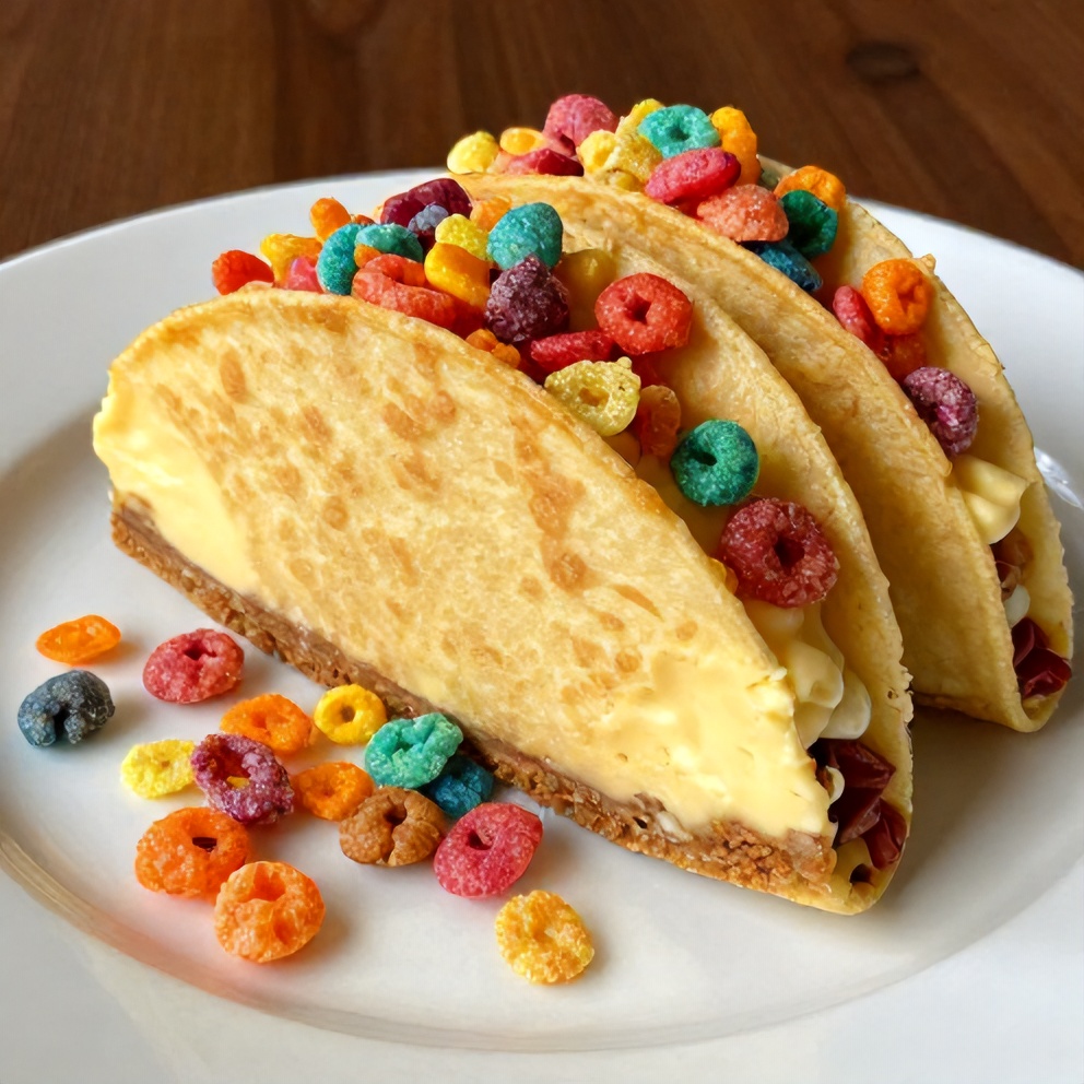 Plated Fruity Pebbles Cheesecake Tacos with a sprinkle of Fruity Pebbles