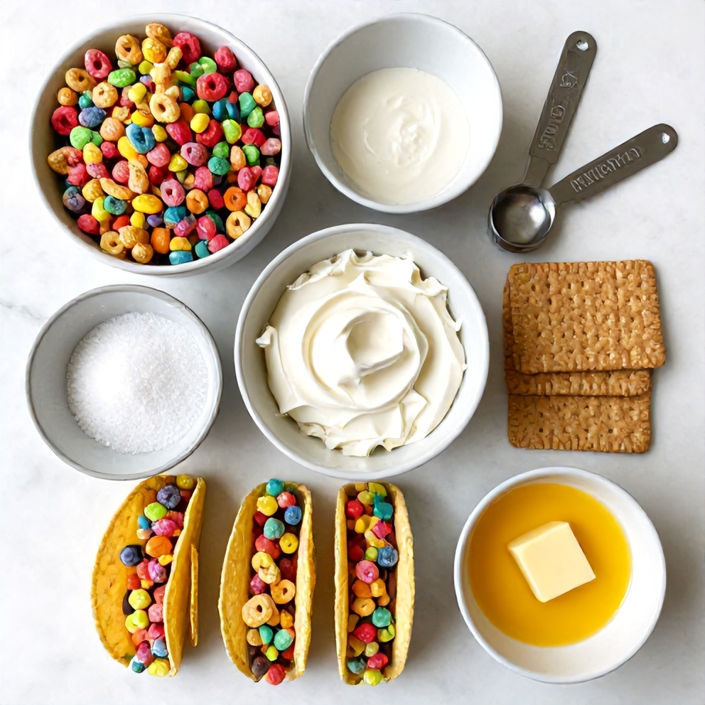 Fruity Pebbles, cream cheese, graham crackers, and other ingredients laid out