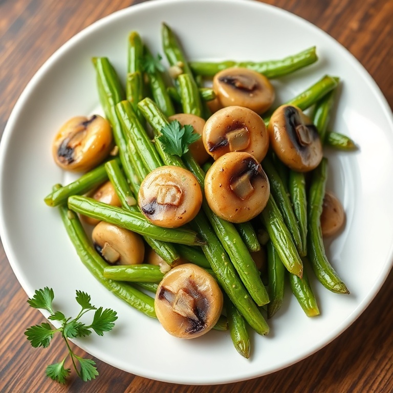 Perfect plated serving of garlic butter green beans with mushrooms. Garnished with fresh parsley. Close crop, food fills 90% of frame. White porcelain plate. Warm side lighting highlighting texture. Photorealistic food photography. No text. No watermark.
