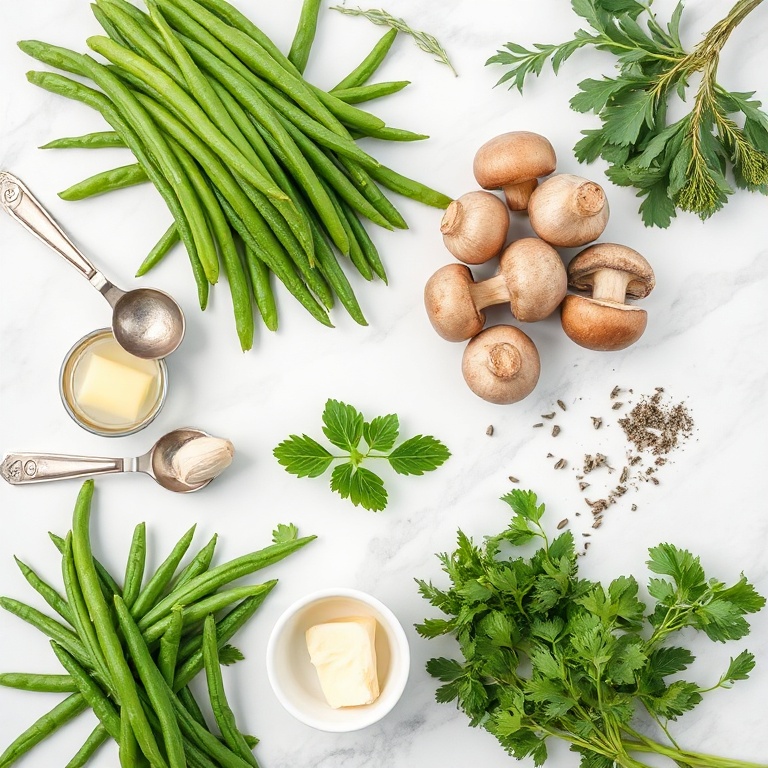 Overhead flat lay of fresh green beans, mushrooms, garlic, butter, and herbs. Measuring spoons and bowls visible. White marble surface. Bright even natural light. Photorealistic food photography. No text. No watermark.