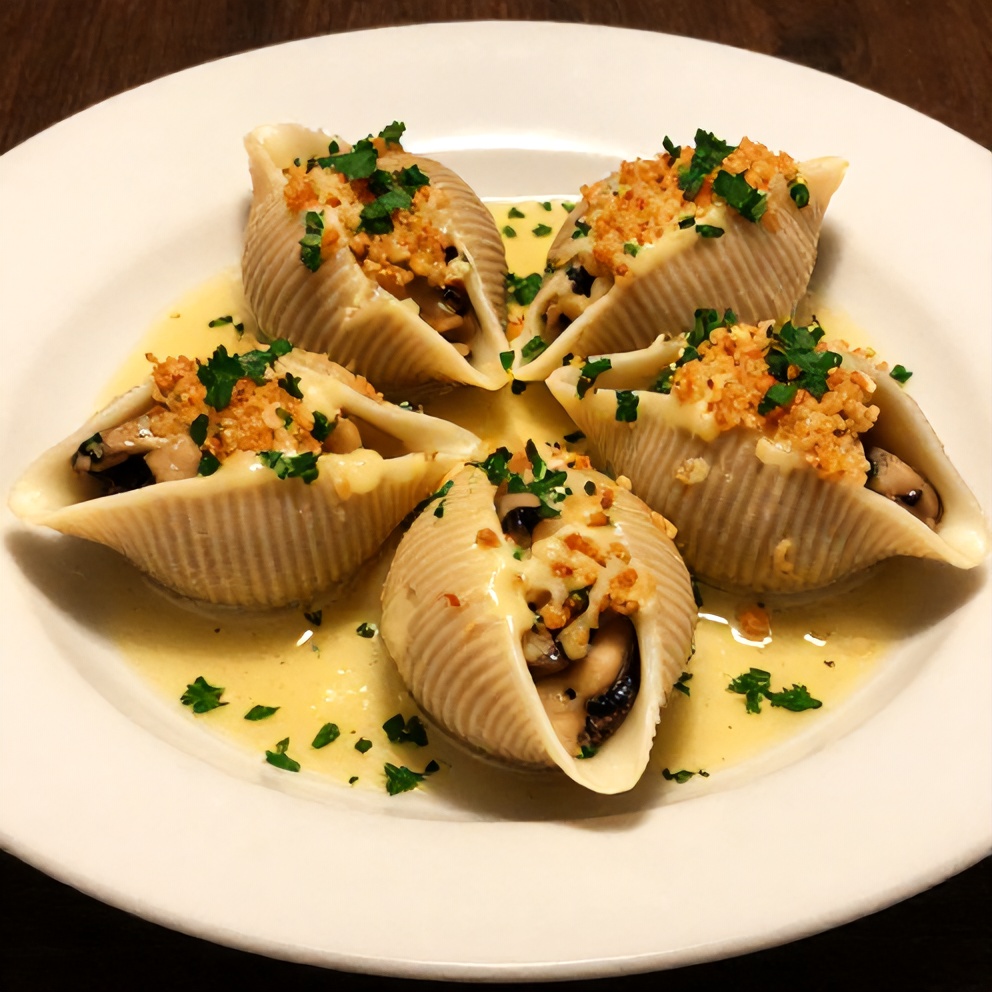 Plated garlic mushroom stuffed shells