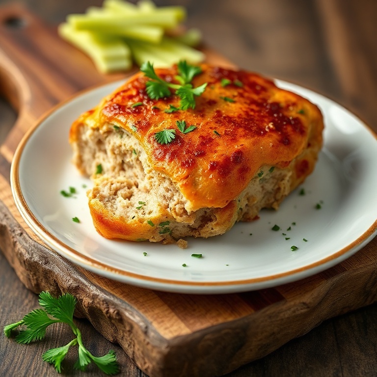 Finished Garlic Parmesan Chicken Meatloaf with parsley garnish
