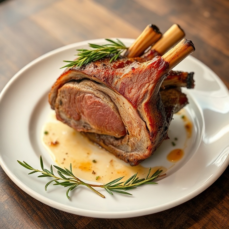 Leg of lamb on a white plate, rosemary garnish, warm lighting, crispy edges, juicy center