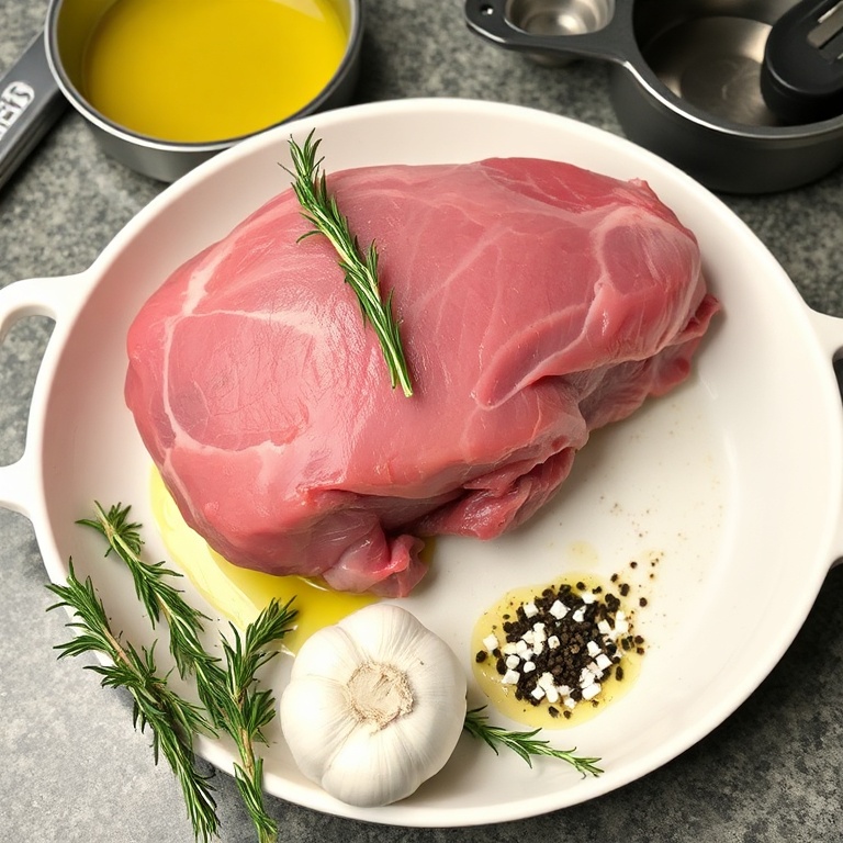 Leg of lamb, garlic, rosemary, olive oil, salt, pepper, pan, baking dish, measuring tools