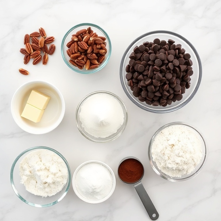 Raw ingredients for Gooey Pecan Chocolate Chip Cookie Cups. Pecans, chocolate chips, butter, sugar, and flour arranged neatly.