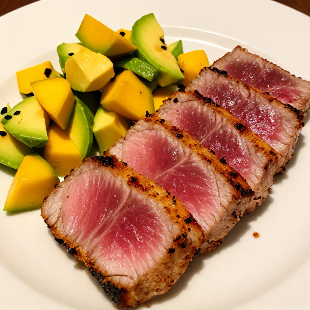 Plated grilled tuna steak with fresh mango avocado salsa