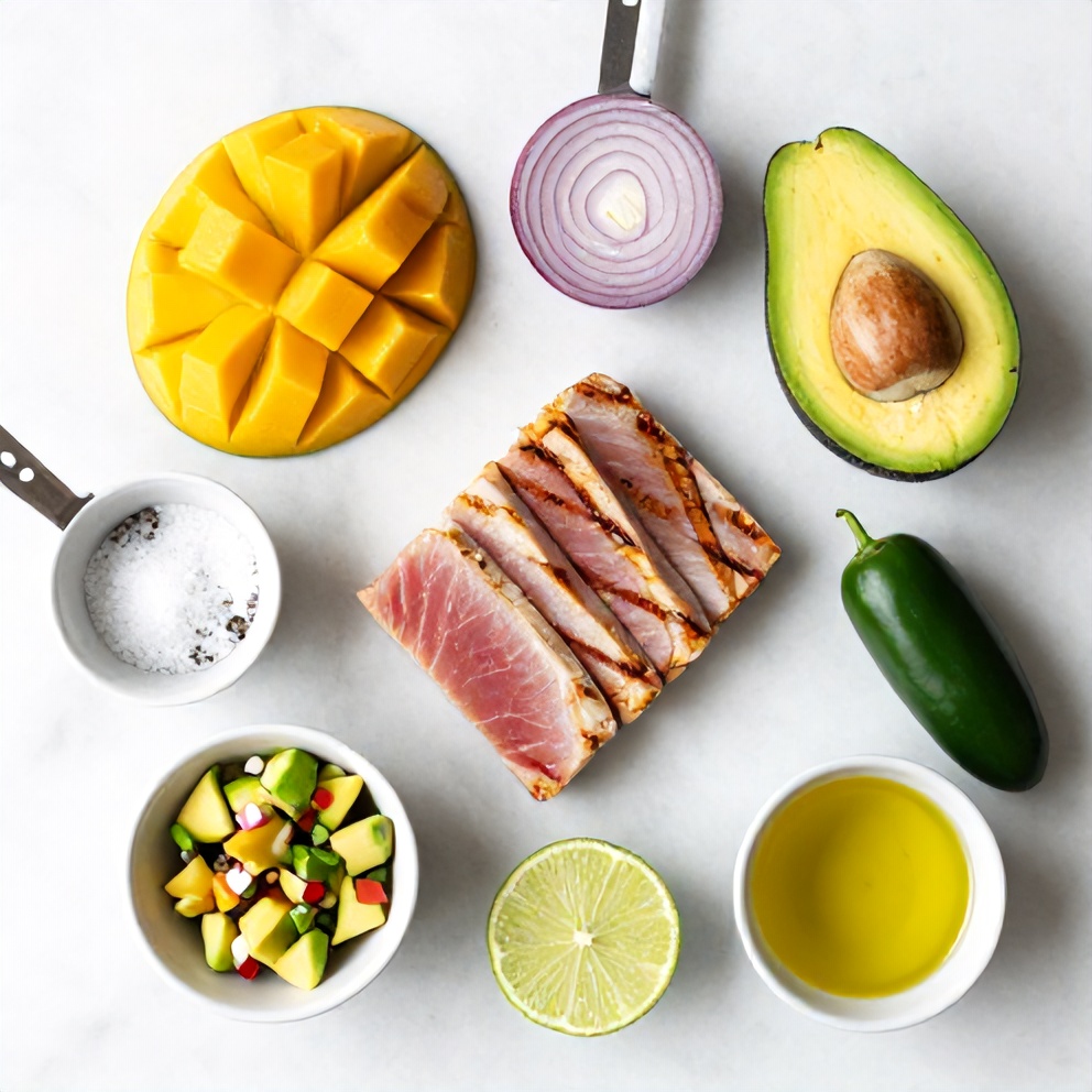 Raw ingredients for grilled tuna steak with mango avocado salsa