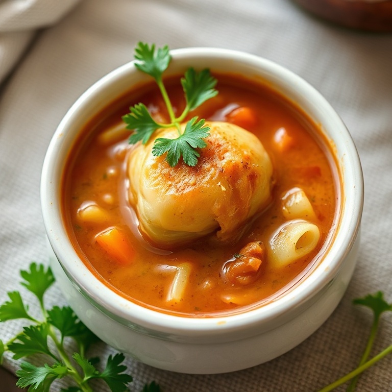 A single serving of Hearty Cabbage Roll Soup in a ceramic bowl. Fresh parsley decorates the top. Warm side lighting shows the texture.