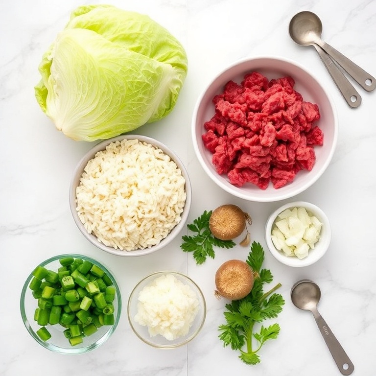 Raw ingredients for Hearty Cabbage Roll Soup arranged in a flat lay. Ground beef, rice, cabbage, onion, and garlic visible. Measuring tools nearby.